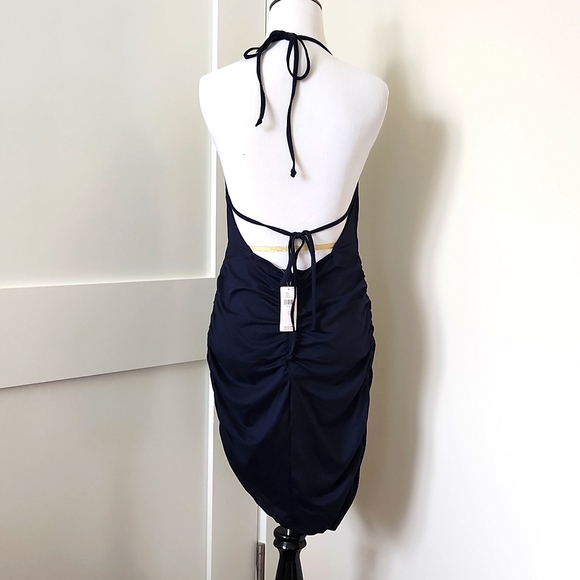 🤞NWT Anthropologie Navy blue halter ruched midi dress w/ zip/tie closure Size S - Picture 2 of 4